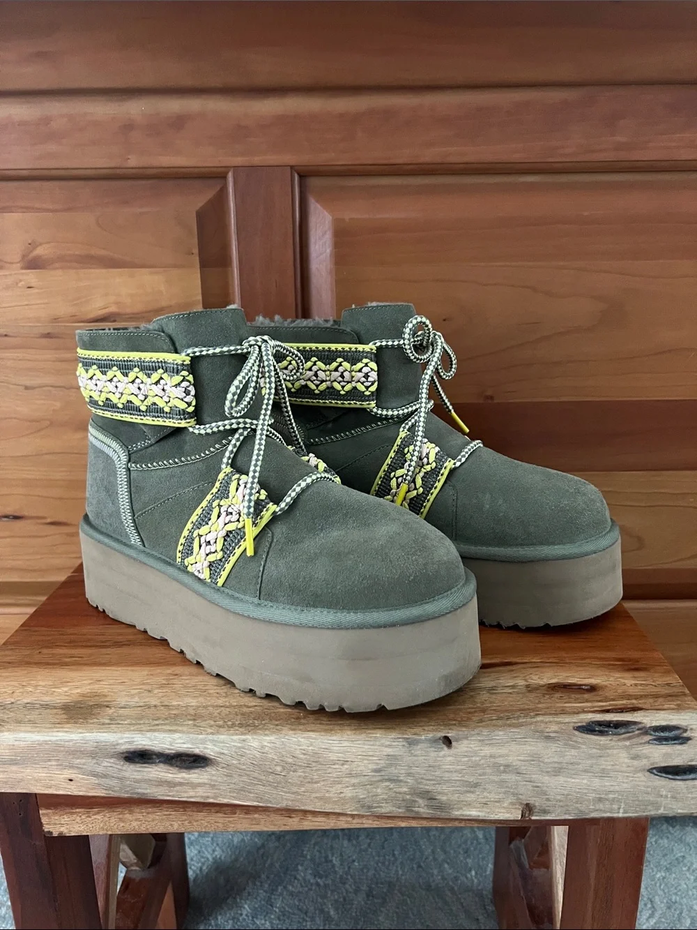 UGG Classic Heritage Olive Green Mini Braid II Platform Ankle Boots 1138492